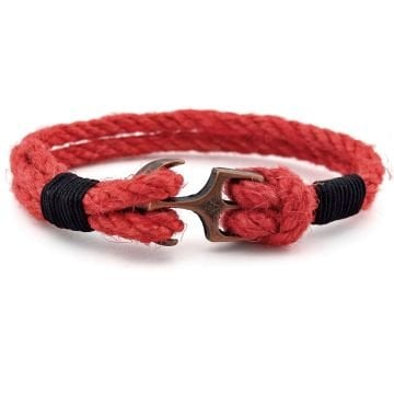 Kırmızı Halat Siyah Örgü Bakır Renk Metal Çapa Denizci Erkek Bileklik M056D