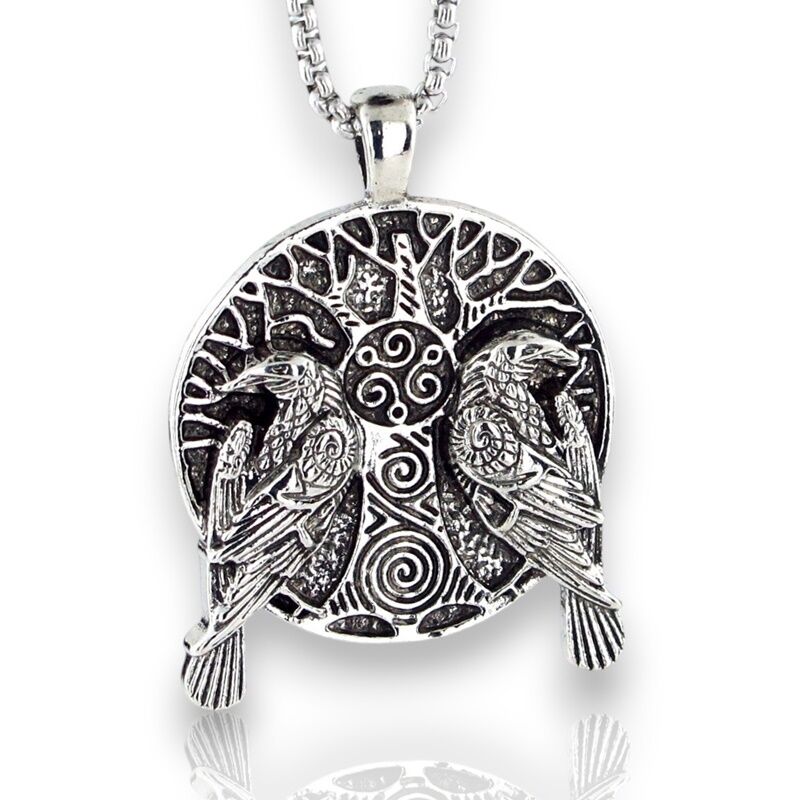 Çift Kuzgun Kuşu Mitolojik Viking Nordik Çelik Zincirli Metal Erkek Kolye Q0978