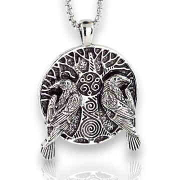 Çift Kuzgun Kuşu Mitolojik Viking Nordik Çelik Zincirli Metal Erkek Kolye Q0978