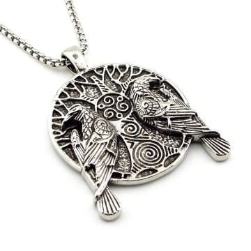 Çift Kuzgun Kuşu Mitolojik Viking Nordik Çelik Zincirli Metal Erkek Kolye Q0978