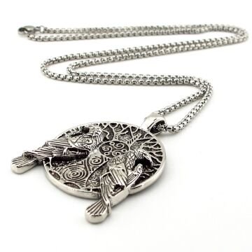 Çift Kuzgun Kuşu Mitolojik Viking Nordik Çelik Zincirli Metal Erkek Kolye Q0978