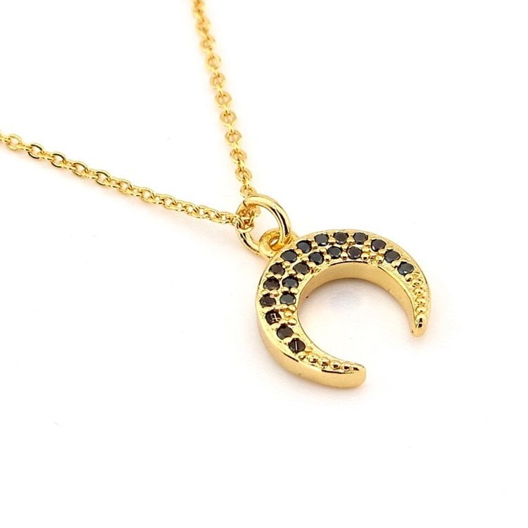 HİLAL AY SİYAH ZİRKON TAŞLI SARI ALTIN RENGİ KADIN KOLYE Q0350