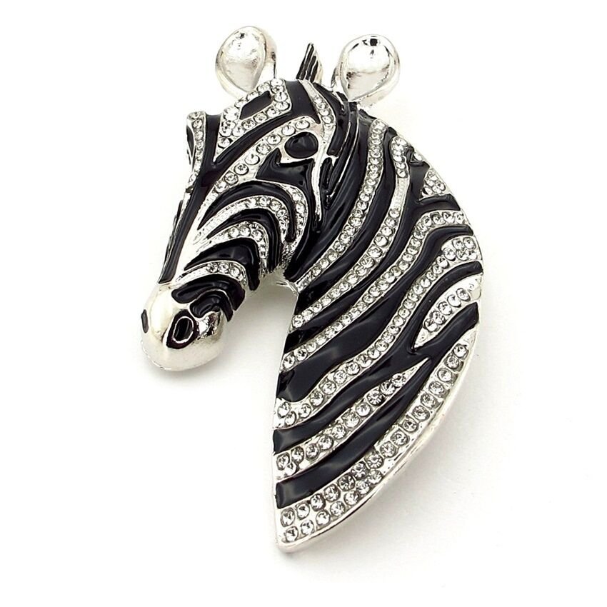 Büyük Boy Zebra Afrika Safari Siyah Beyaz Zirkon Taşlı Yaka Süsü Broş RZ361