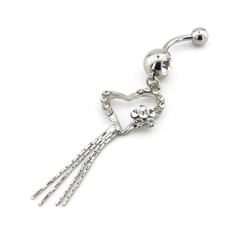 Sallantılı Beyaz Zirkon Taşlı Kalp Cerrahi Çelik Göbek Piercing P482