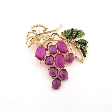 Mor Üzüm Salkımı ve Yaprakları Bağ Meyve Metal Yaka Süsü Broş RZ410