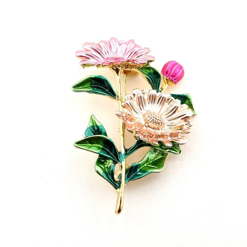 Gerbera Pembe Çiçekler Bahar Yaz Doğa Metal Yaka Süsü Broş RZ417