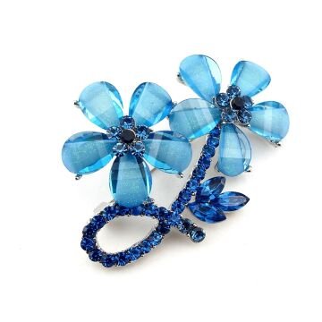 Mavi Çiçek Papatya Zirkon Taşlarla Süslü Metal Yaka Süsü Broş RZ419