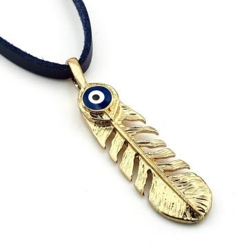 Sarı Tüy Şans Nazar Boncuğu Antik Metal Lacivert Deri Erkek Kolye Q0910