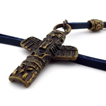 Kızılderili Totem Baykuş Şans Simgesi Antik Metal Lacivert  Deri Erkek Kolye Q0911