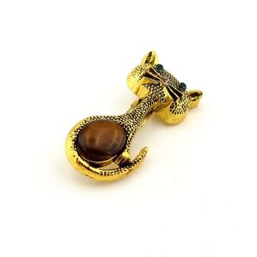 Yeşil Gözlü Sevimli Kedi Gold Ton Metal Yaka Süsü Küçük Boy Broş RZ433
