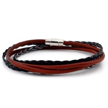 TABA SİYAH İKİ SIRA SARMA ÖRGÜ DERİ ERKEK BİLEKLİK M008C