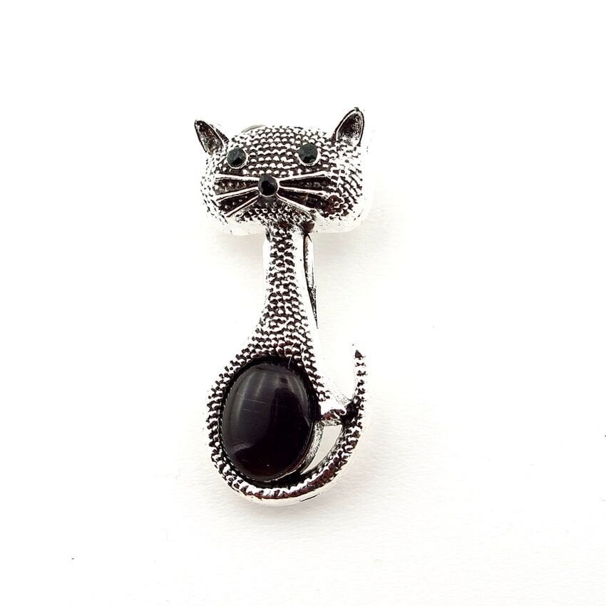 Yeşil Gözlü Sevimli Kedi Gümüş Renkli Metal Yaka Süsü Küçük Boy Broş RZ434