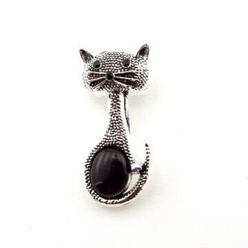 Yeşil Gözlü Sevimli Kedi Gümüş Renkli Metal Yaka Süsü Küçük Boy Broş RZ434