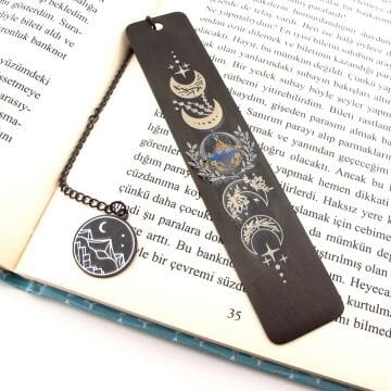 Ayın Evreleri ve Dağ Temalı Siyah  Çelik Bookmark Metal Ayraç Kitap Ayracı Zincirli AY071