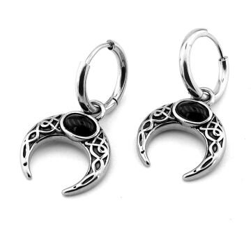 Siyah Taşlı Hilal Ay Sallantılı Paslanmaz Çelik Kadın Erkek Halka Küpe ER208