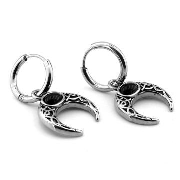 Siyah Taşlı Hilal Ay Sallantılı Paslanmaz Çelik Kadın Erkek Halka Küpe ER208