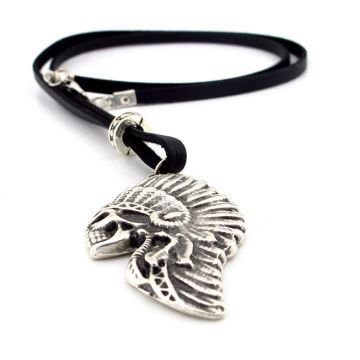 KIZILDERİLİ KURUKAFA SİYAH DERİ METAL ERKEK KOLYE Q0592