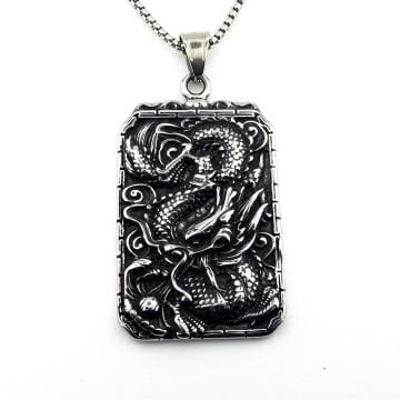 Kabartma Ejderha Desen Zenginlik ve Barış Titanyum Çelik Erkek Kolye Q0932