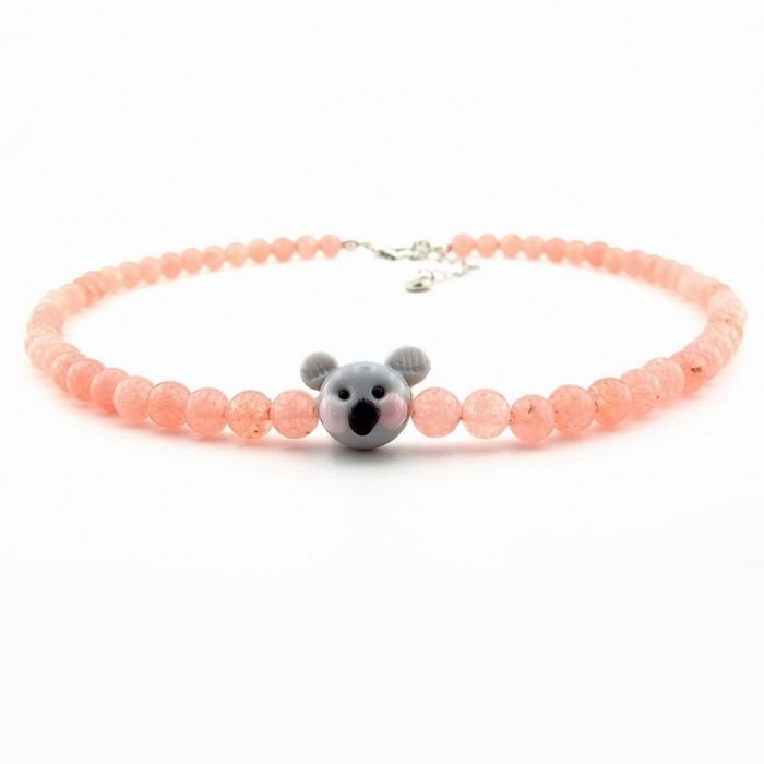 KOALA FİGÜR PEMBE KUVARS DOĞAL TAŞ KADIN KOLYE Q0603