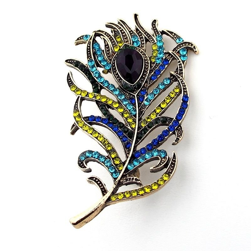Tavus Kuşu Tüyü Şans Zümrüdü Anka Renkli Zirkon Taşlı Broş RZ242