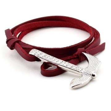 GÜMÜŞ RENKLİ SAVAŞ BALTASI BORDO DERİ ERKEK BİLEKLİK BT483