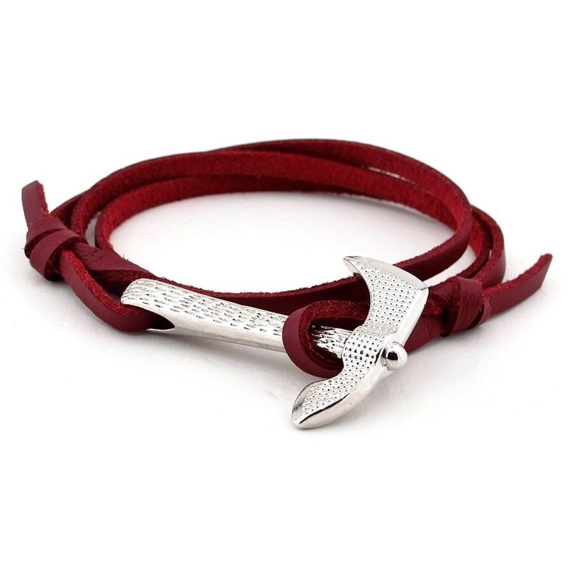 GÜMÜŞ RENKLİ SAVAŞ BALTASI BORDO DERİ ERKEK BİLEKLİK BT483