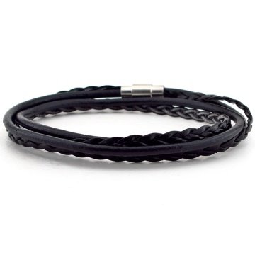 GÜMÜŞ RENK KLİPSLİ İKİ SIRA SARMA SİYAH DERİ ERKEK BİLEKLİK BT499