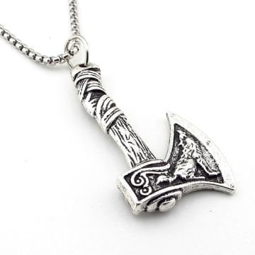 İskandinav Viking Mitolojik Fenrir Kurt Savaş Baltası Çelik Zincirli Metal Kolye Q0940