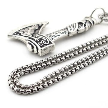 İskandinav Viking Mitolojik Fenrir Kurt Savaş Baltası Çelik Zincirli Metal Kolye Q0940