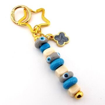 Orjinal Murano Cam Nazar Boncuklu Yıldız Çanta Süsü Charm Anahtarlık KY048