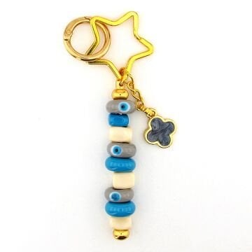 Orjinal Murano Cam Nazar Boncuklu Yıldız Çanta Süsü Charm Anahtarlık KY048