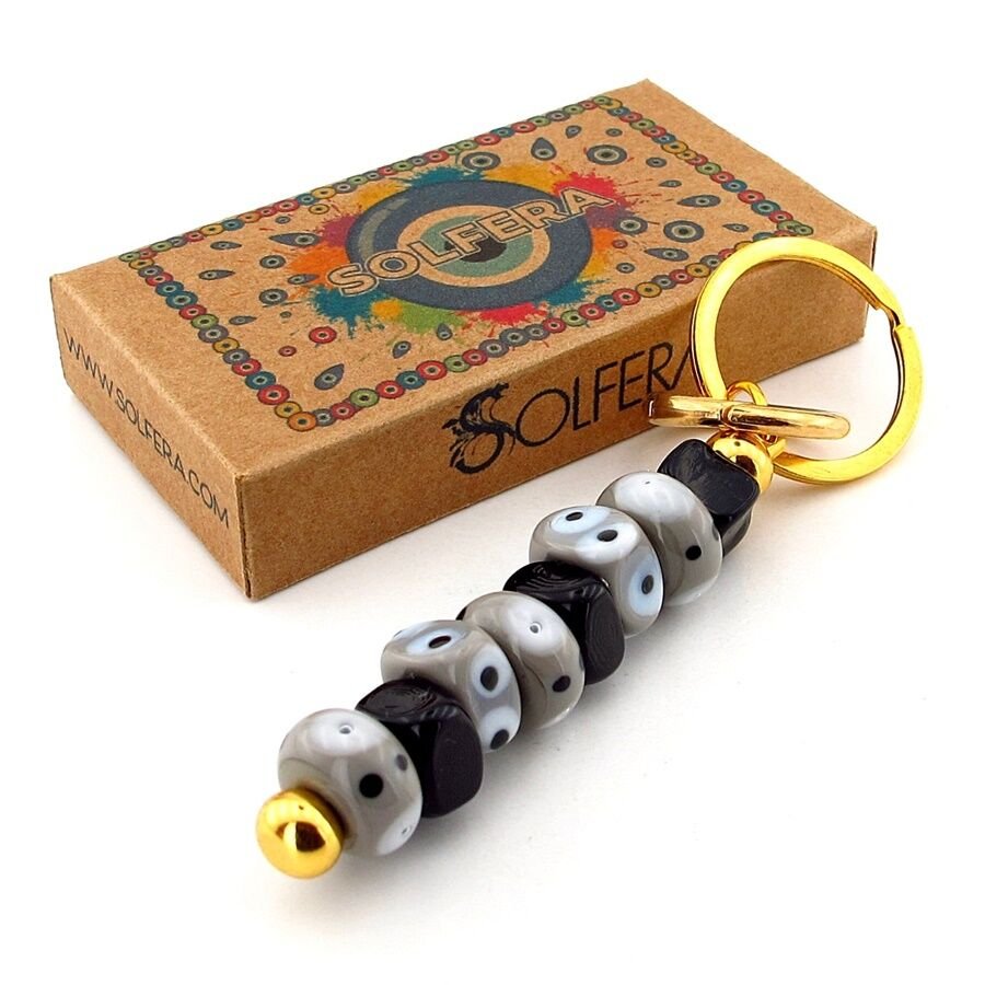 Gri Siyah Orjinal Murano Cam Nazar Boncuklu Çanta Süsü Charm Anahtarlık KY049