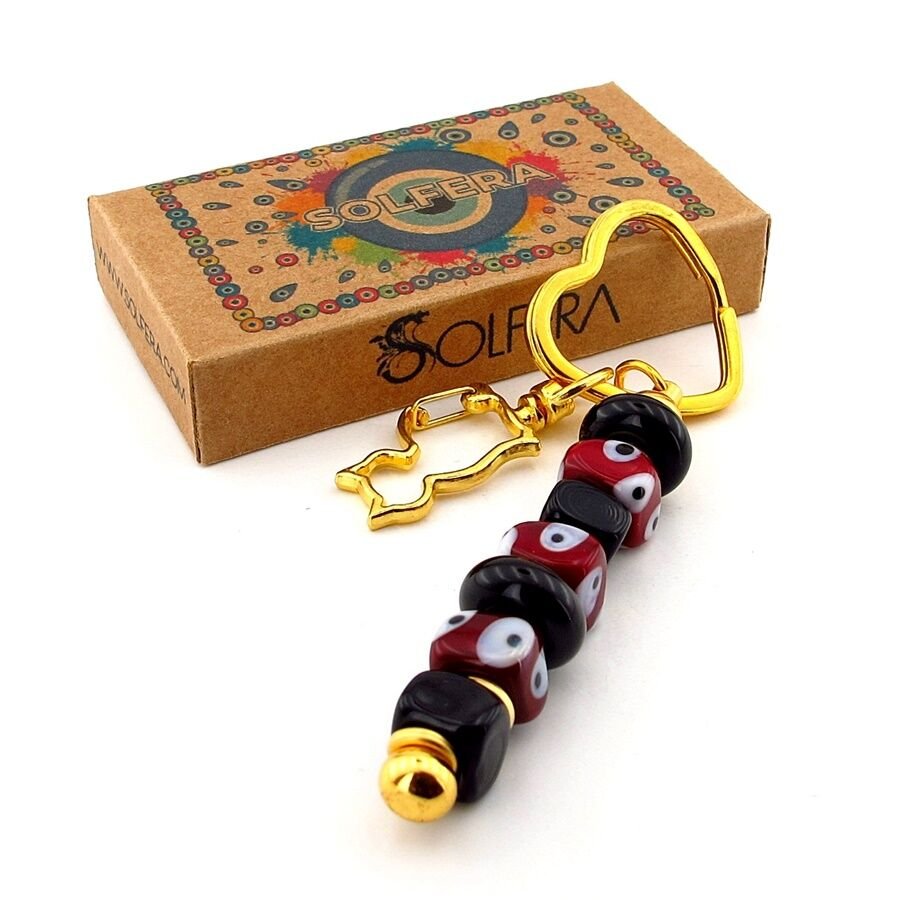 Bordo Siyah Murano Cam Nazar Boncuklu Çanta Süsü Kedi Charm Anahtarlık KY050