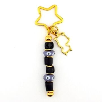 Mor Siyah Murano Cam Nazar Boncuklu Çanta Süsü Kedi Charm Anahtarlık KY051