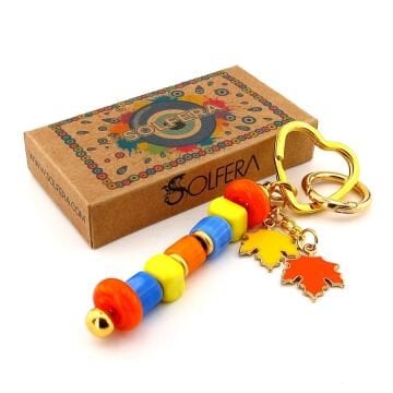 Orjinal Renkli Murano Cam Boncuklu Çanta Süsü Çınar Yaprak Charm Anahtarlık KY052