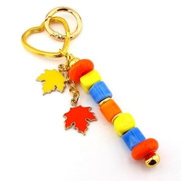 Orjinal Renkli Murano Cam Boncuklu Çanta Süsü Çınar Yaprak Charm Anahtarlık KY052