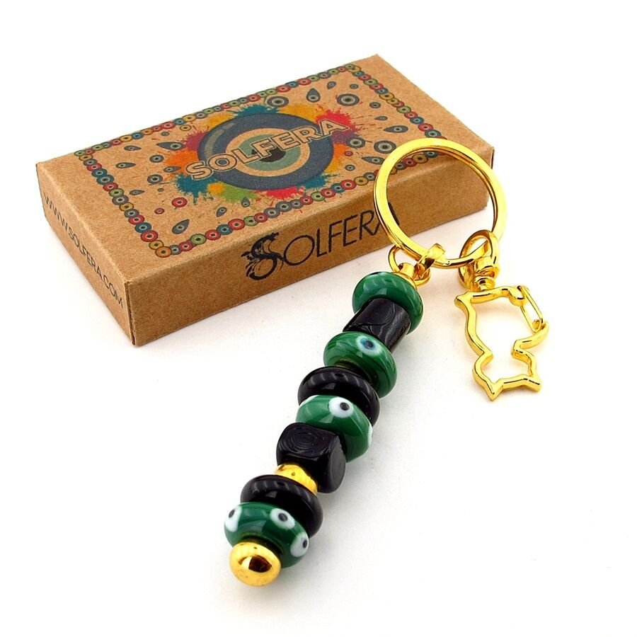 Yeşil Siyah Murano Cam Nazar Boncuklu Çanta Süsü Kedi Charm Anahtarlık KY053