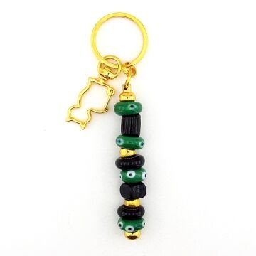 Yeşil Siyah Murano Cam Nazar Boncuklu Çanta Süsü Kedi Charm Anahtarlık KY053