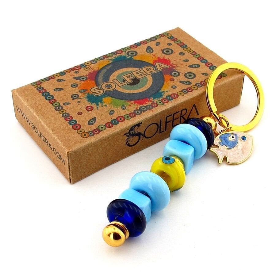Gerçek Murano Cam Nazar Boncuklu Çanta Süsü Balık Charm Anahtarlık KY055
