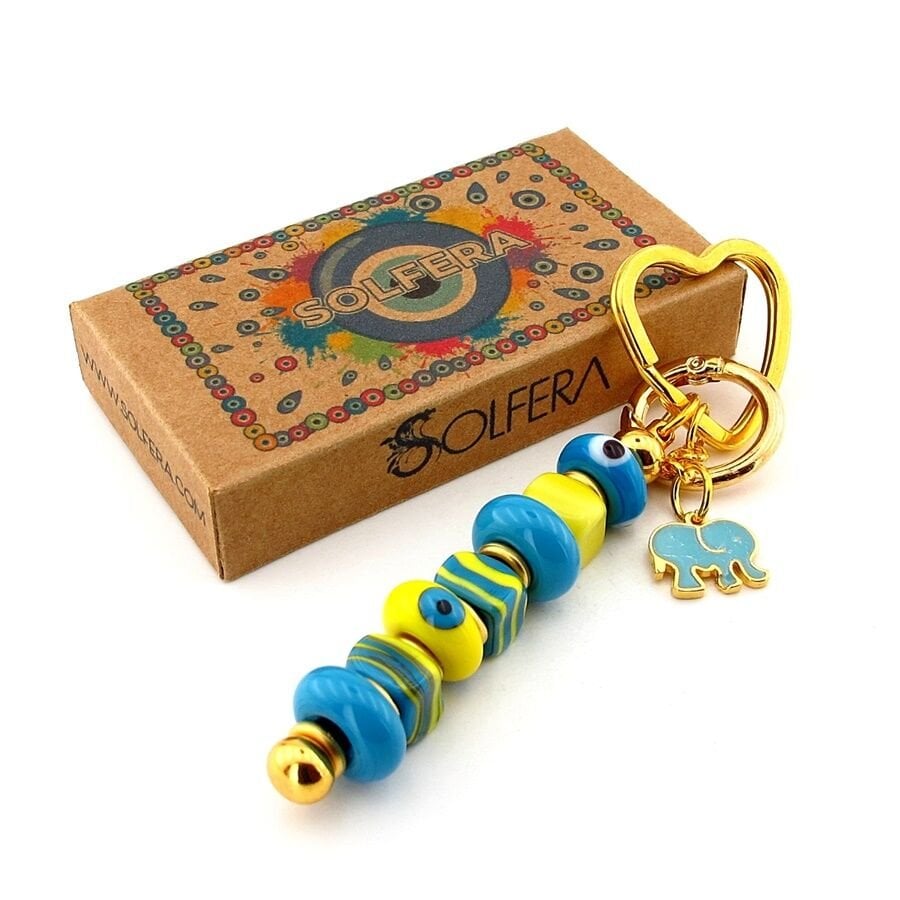 Sarı Mavi Murano Cam Nazar Boncuklu Çanta Süsü Fil Charm Anahtarlık KY057