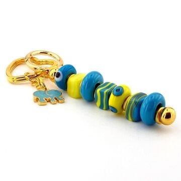 Sarı Mavi Murano Cam Nazar Boncuklu Çanta Süsü Fil Charm Anahtarlık KY057