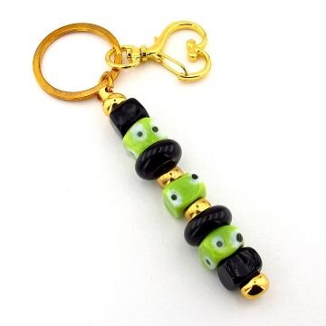 Yeşil Siyah Murano Cam Nazar Boncuklu Çanta Süsü Kalp Charm Anahtarlık KY058