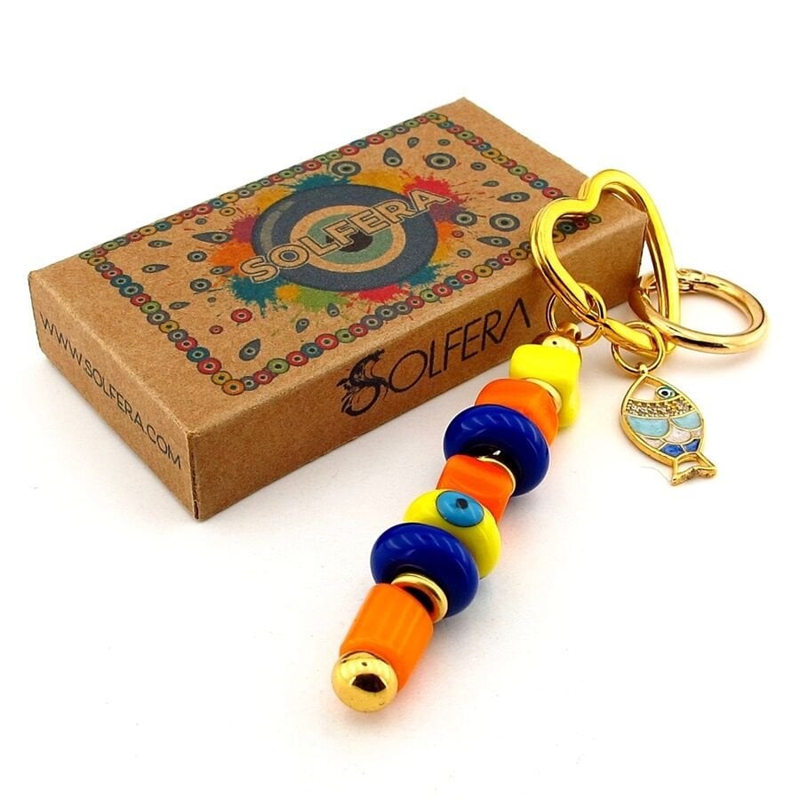 Renkli Murano Cam Nazar Boncuklu Çanta Süsü Balık Charm Anahtarlık KY059