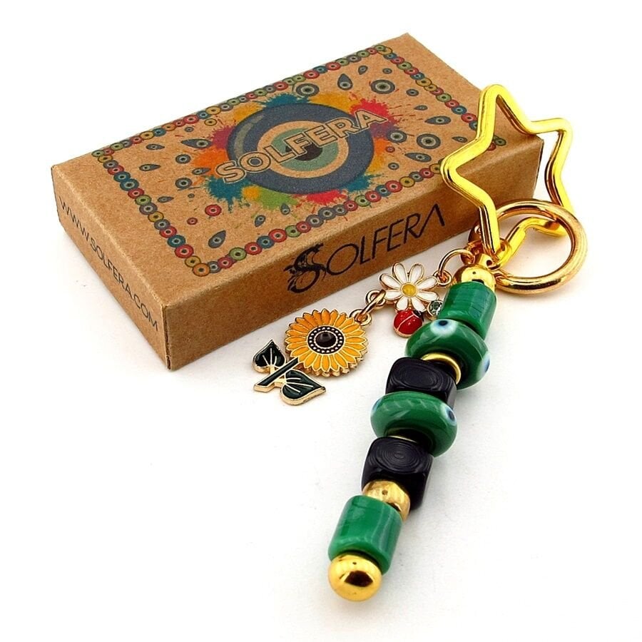 Yeşil Murano Cam Nazar Boncuklu Çanta Süsü Ay Çiçeği Charm Anahtarlık KY061