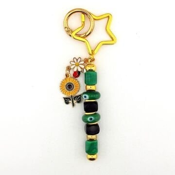 Yeşil Murano Cam Nazar Boncuklu Çanta Süsü Ay Çiçeği Charm Anahtarlık KY061