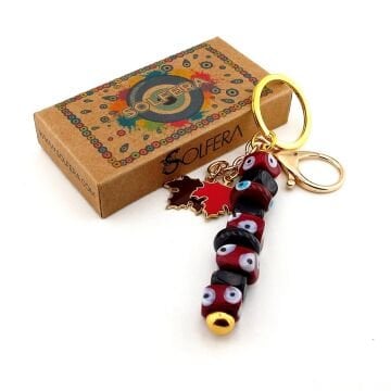 Bordo Murano Cam Nazar Boncuklu Çanta Süsü Yaprak Charm Anahtarlık KY062