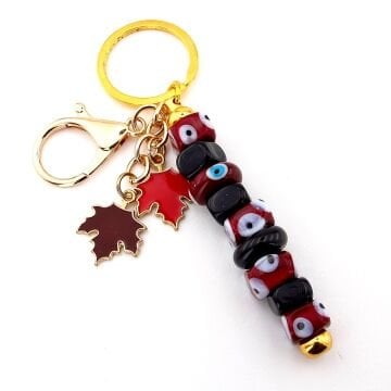 Bordo Murano Cam Nazar Boncuklu Çanta Süsü Yaprak Charm Anahtarlık KY062