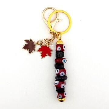 Bordo Murano Cam Nazar Boncuklu Çanta Süsü Yaprak Charm Anahtarlık KY062