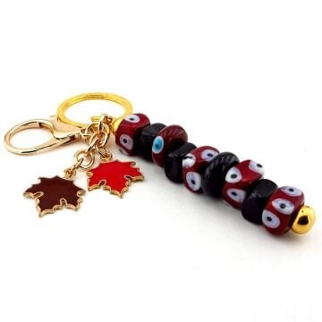 Bordo Murano Cam Nazar Boncuklu Çanta Süsü Yaprak Charm Anahtarlık KY062