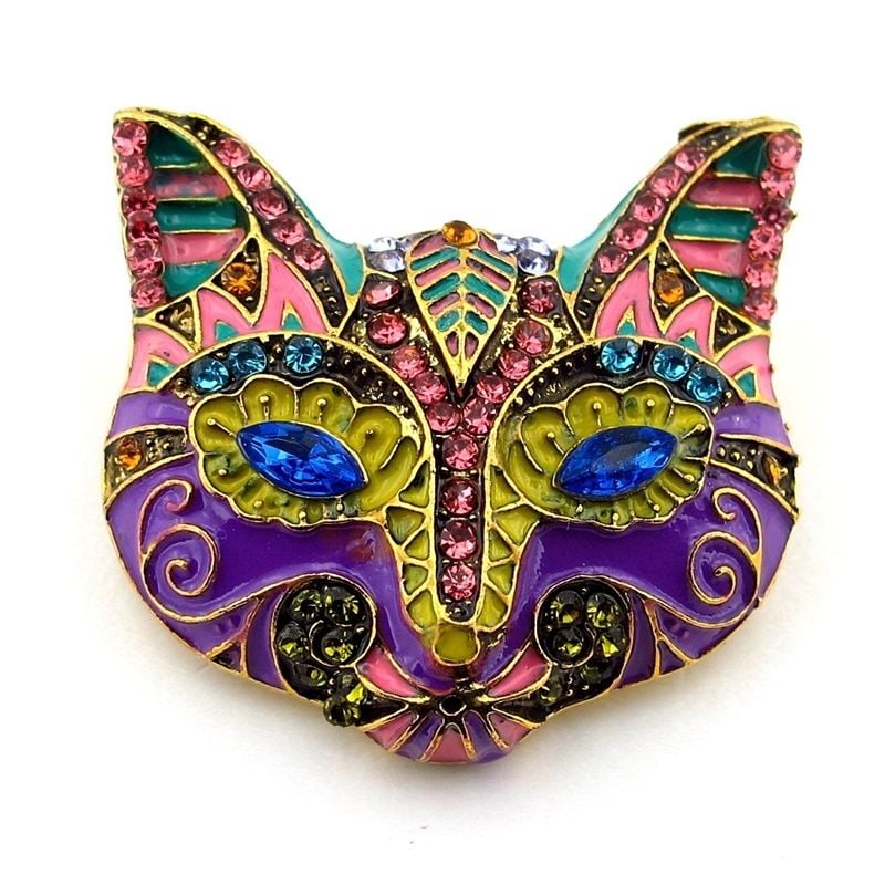Küçük Boy Kedi Maskesi Renkli Zirkon Taşlı Yaka İğnesi Broş RZ256